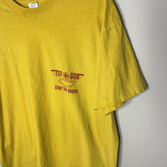 Vtg Boy Scouts BSA Top Gun Single Stitch Stop the Drop T-Shirt Yellow Adult XL - Picture 3 of 6